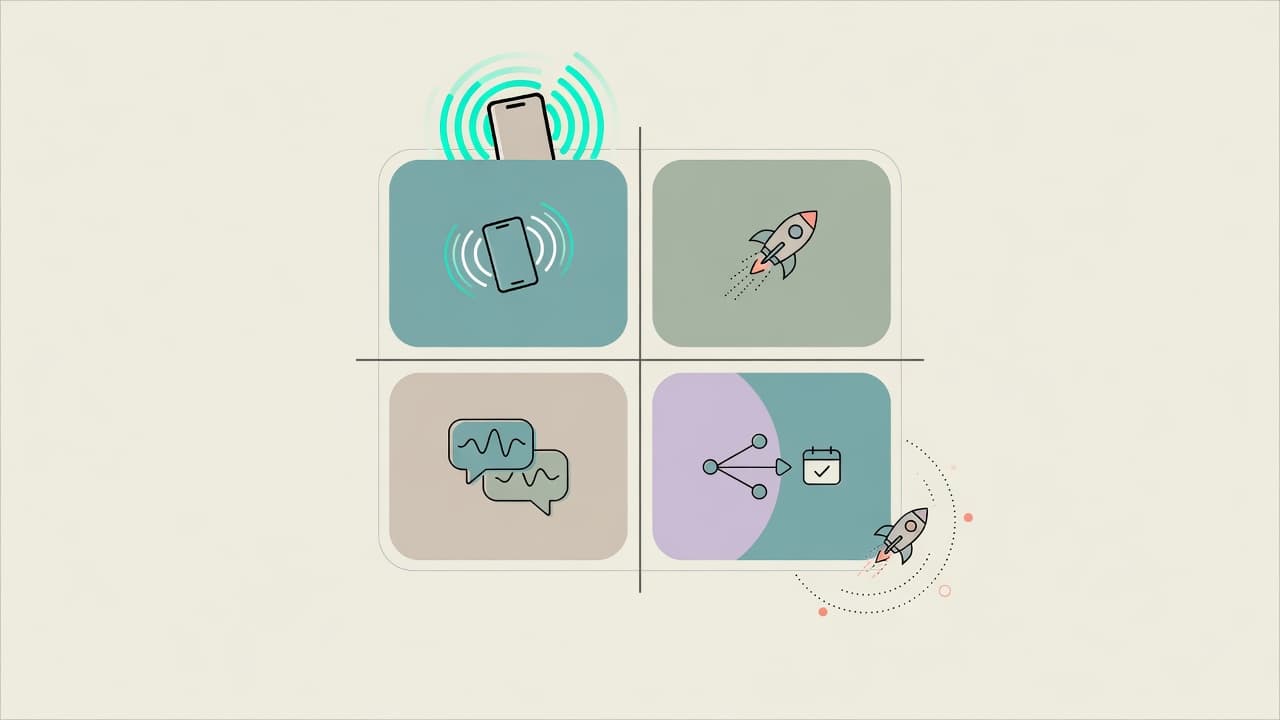Illustration of a value and speed matrix with phone and fast-deploy symbols for voice AI use cases