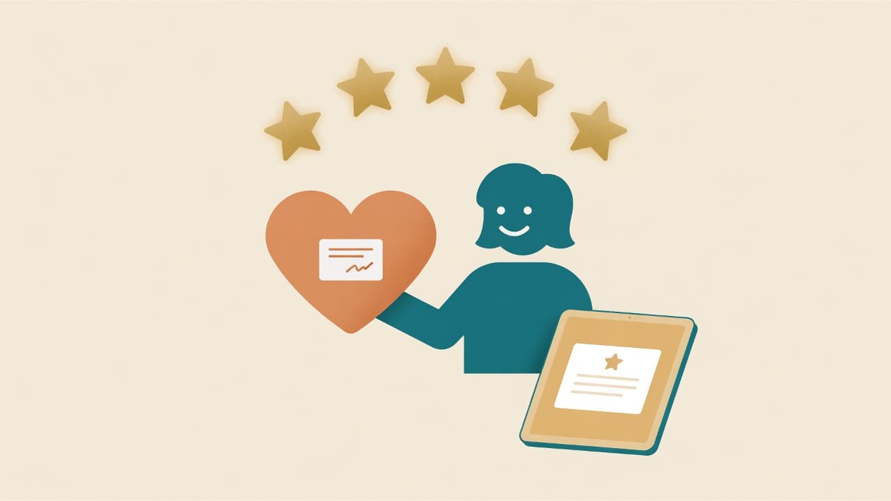 Illustration of a happy customer with review stars and a tablet