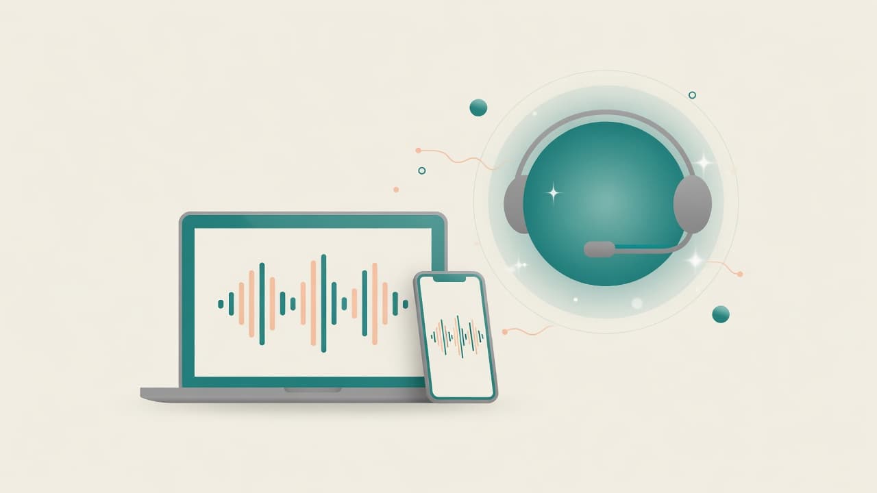 Illustration of a laptop, phone, and AI agent headset for voice and chat