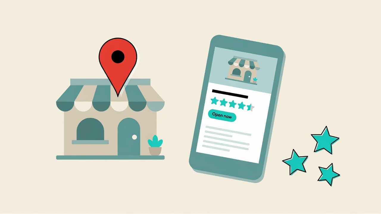 Illustration of a local shop with a map pin and a phone showing a business listing