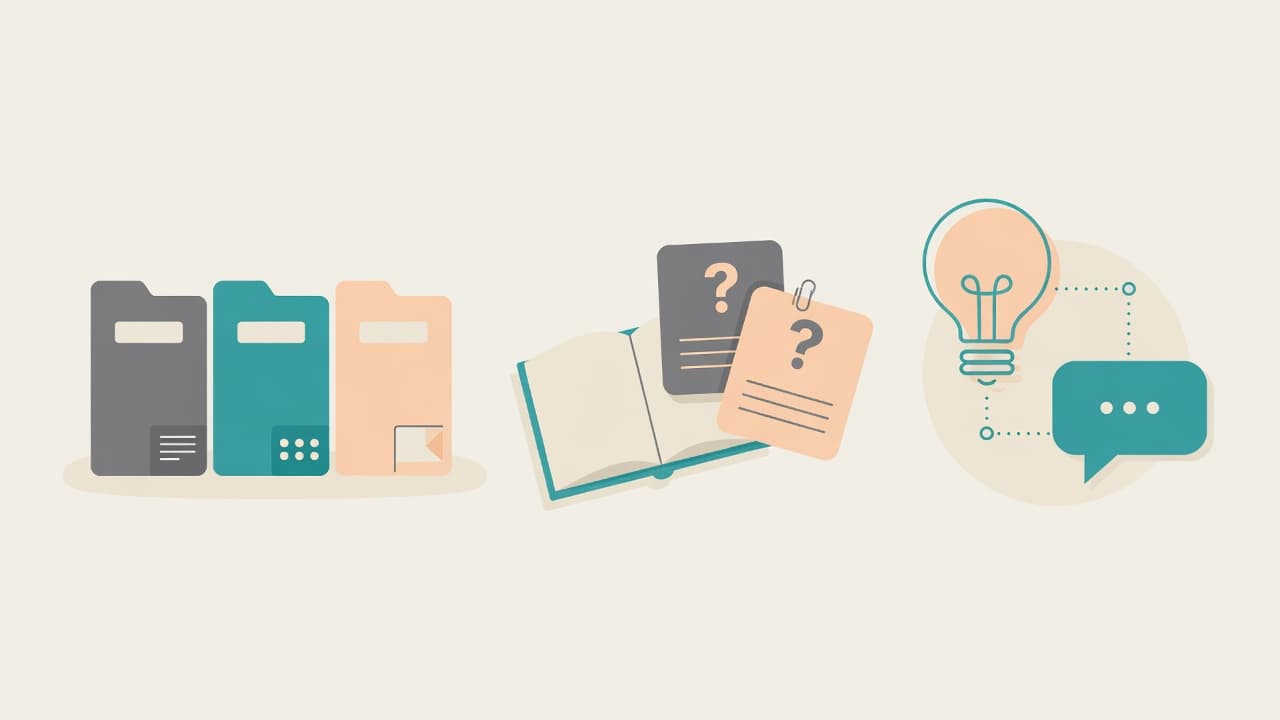 Illustration of organised folders, FAQ cards, and knowledge feeding a chat answer