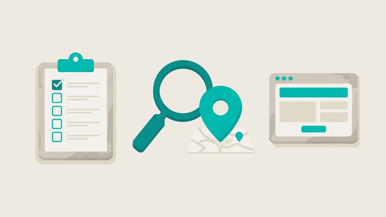 Illustration of a local SEO checklist, map pin, and website