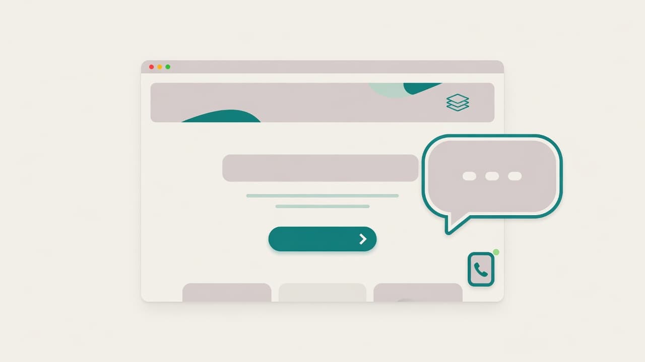 Illustration of a website with a call-to-action button, chat bubble, and phone
